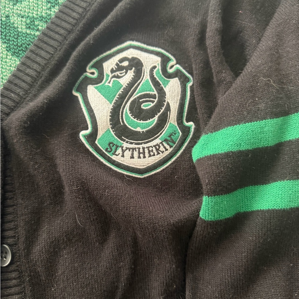 Black V-Neck Cardigan with Green Stripe Accents - Picture 2 of 3